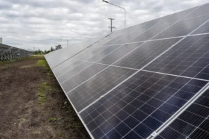 Inauguración del primer parque solar de Enersa en Sauce Pinto con autoridades provinciales y paneles solares de fondo