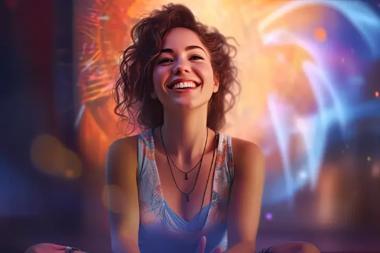 Joven mujer multipotencial sonriendo, rodeada de libros y elementos creativos, representando felicidad y plenitud personal.