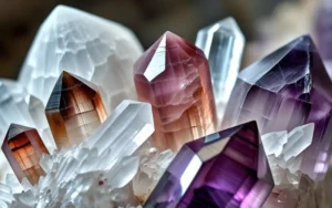 Cristales de cuarzo, amatista y otras piedras energéticas sobre una superficie de madera, usados para protección y equilibrio espiritual