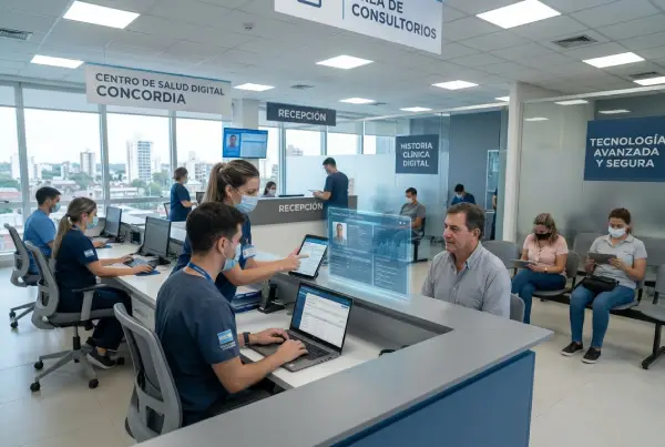 Centro médico moderno con doctores usando tablets y pantallas holográficas de historias clínicas digitales.