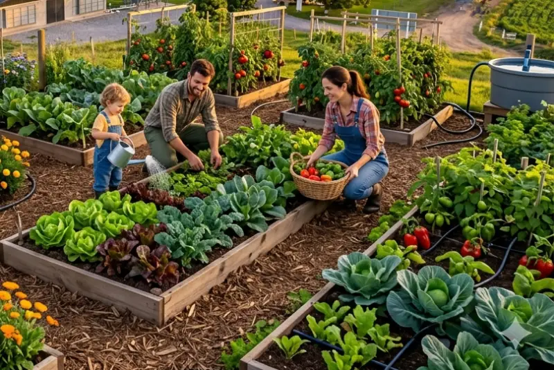 Huerta agroecológica familiar en Entre Ríos. Tablones cargados de hortalizas y productos orgánicos ecológicos