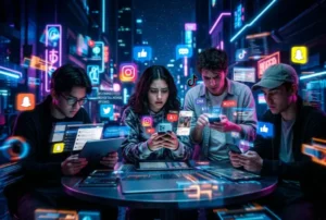 Joven usando smartphone y tablet rodeada de iconos y hologramas de redes sociales, mostrando atención fragmentada y desconexión.