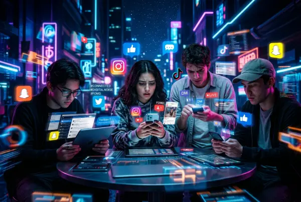 Joven usando smartphone y tablet rodeada de iconos y hologramas de redes sociales, mostrando atención fragmentada y desconexión.