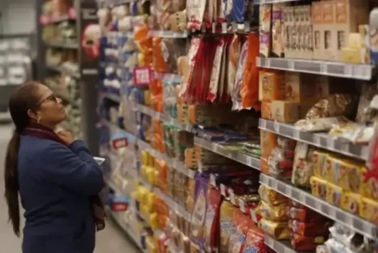 Mujer en supermercado elige productos en góndola, reflejo del consumo minorista pyme en descenso