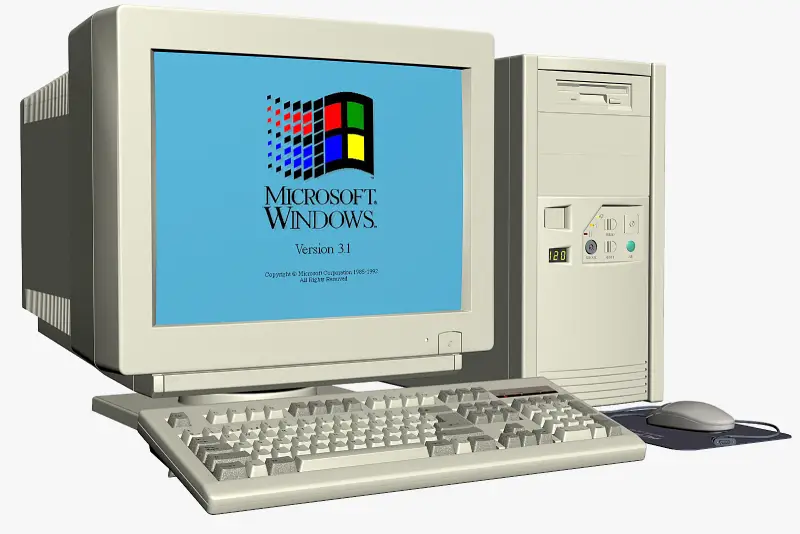Computadora antigua con Windows 3.1, representando la era de la piratería tecnológica en los años 80 y 90.