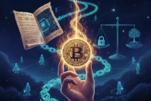 Un primer plano de una mano sosteniendo una moneda de Bitcoin brillante, con cadenas digitales conectando a personas en una red descentralizada de fondo.