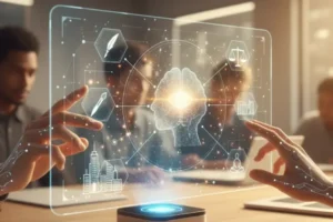 Manos humanas (una con patrones de circuito digital) interactuando con una interfaz de Inteligencia Artificial proyectada en forma de holograma. La IA muestra un cerebro con un ojo central (simbolizando discernimiento y conciencia) y varios iconos que representan creatividad (pluma, pincel), gestión (edificios) y equilibrio (balanza, figura en meditación). El fondo muestra una oficina moderna con personas, destacando la IA como herramienta colaborativa para el desarrollo humano.