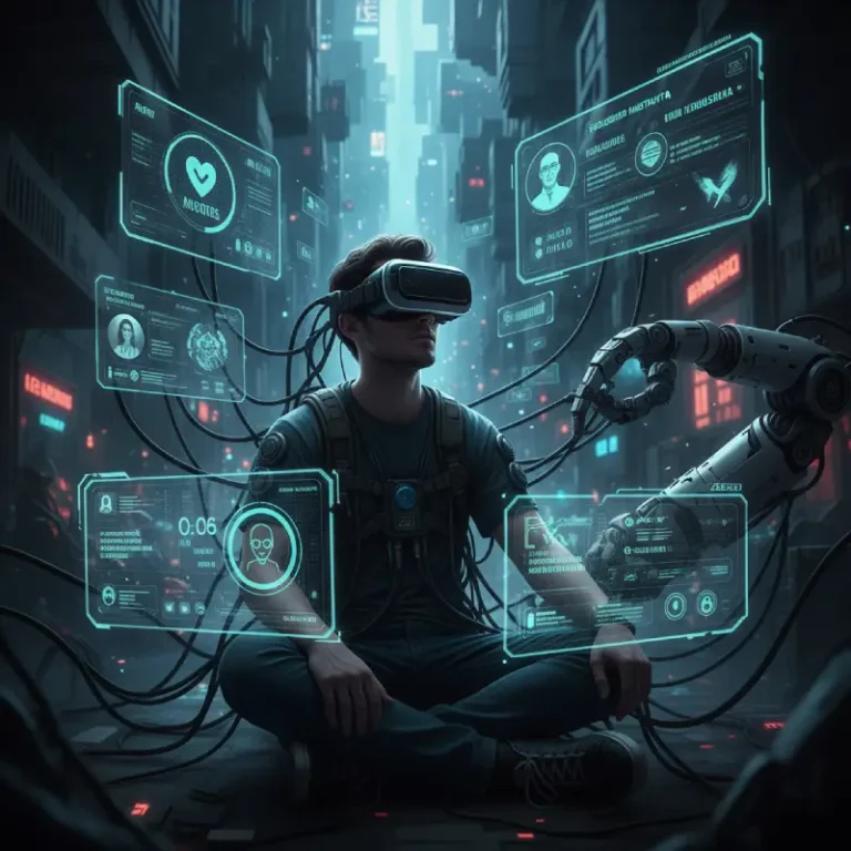 Hombre con gafas de realidad virtual en un entorno cyberpunk, conectado a pantallas que muestran métricas de felicidad y redes sociales, ilustrando la influencia de la IA en el bienestar.