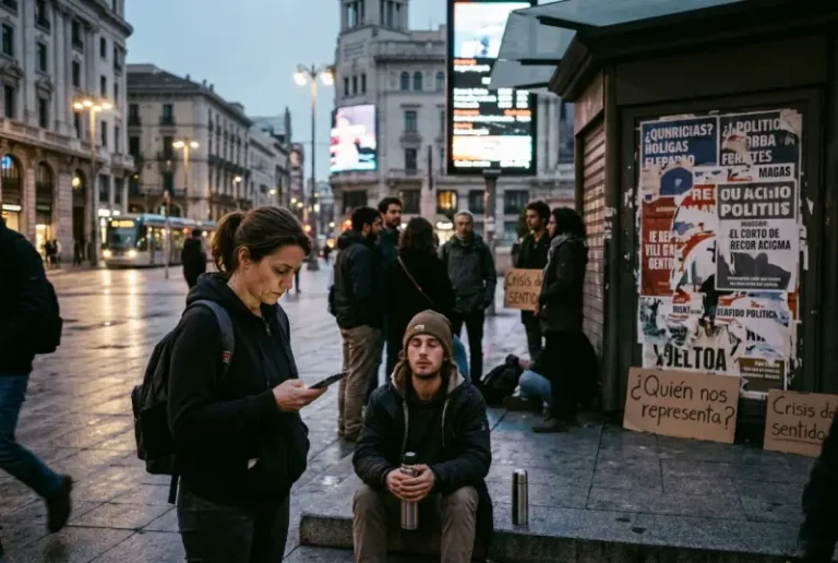 Escena urbana al atardecer con personas pensativas frente a carteles de "crisis de sentido" y "¿quién nos representa?".