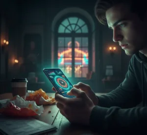 Joven con un celular realizando apuestas online