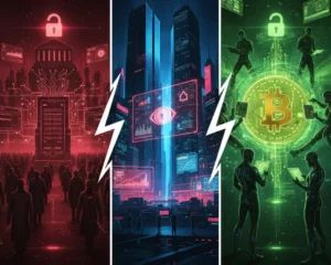 Ciberpunk: Ciudad vigilada (dinero fiduciario) vs. red autónoma Bitcoin