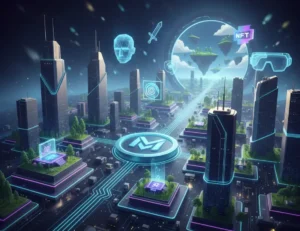 Ciudad futurista del Metaverso, bienes raíces virtuales, NFTs y criptoinversión.