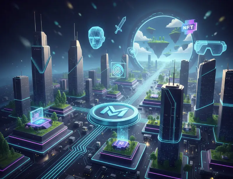 Ciudad futurista del Metaverso, bienes raíces virtuales, NFTs y criptoinversión.