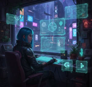 Diseñadora cyberpunk usando GIMP/Inkscape con pantallas holográficas.