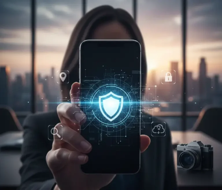Smartphone con escudo digital para protección de datos y privacidad