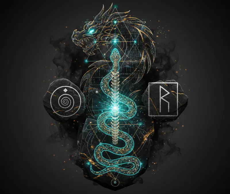 Simbología de Kundalini y Dragón en estética Negro Carbón y oro.