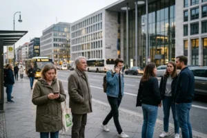 Personas caminando en una ciudad contemporánea frente a edificios institucionales, reflejando malestar social e incertidumbre sobre la representación colectiva.