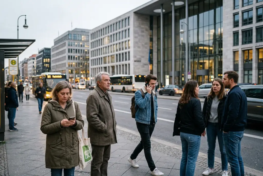 Personas caminando en una ciudad contemporánea frente a edificios institucionales, reflejando malestar social e incertidumbre sobre la representación colectiva.