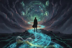 Una figura solitaria de espaldas, con una capa oscura, se encuentra al borde de un abismo gigantesco. En el fondo del abismo, hay un vórtice oscuro y flameante que emite una luz rojiza y anaranjada. Un sendero iluminado serpentea desde la figura hacia el borde del precipicio. En primer plano, un reloj de arena roto derrama arena luminosa que forma símbolos esotéricos.