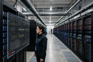 Infraestructura de servidores empresariales con tecnología Red Hat en un centro de datos moderno, símbolo del software libre y la computación en la nube.