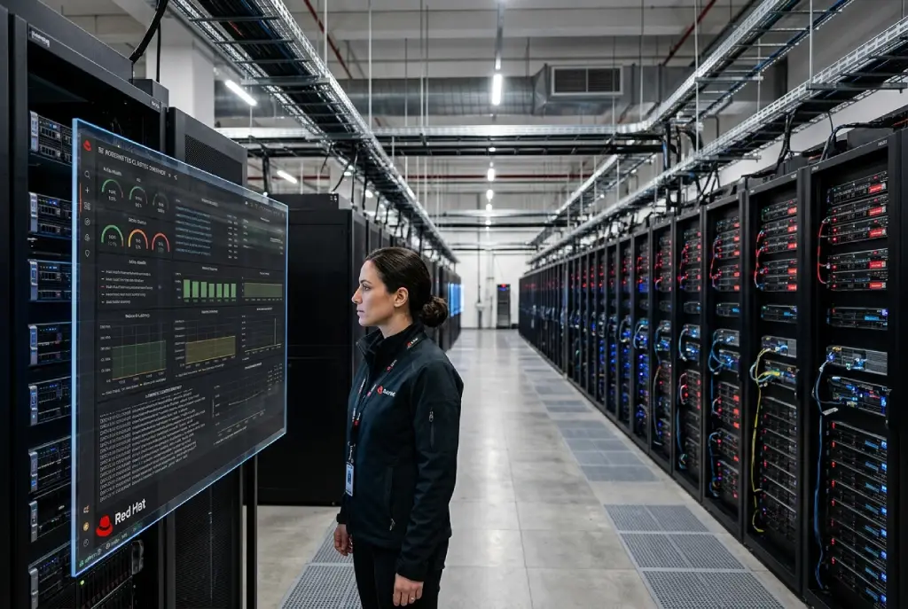 Infraestructura de servidores empresariales con tecnología Red Hat en un centro de datos moderno, símbolo del software libre y la computación en la nube.