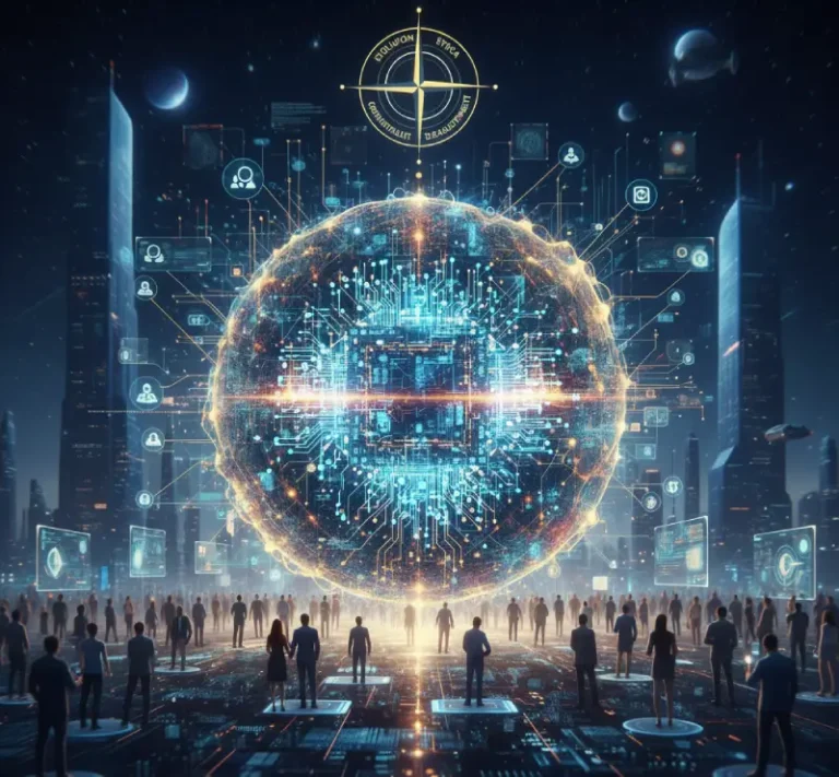 Un orbe de circuito cybertech flotando sobre una ciudad futurista y gente.