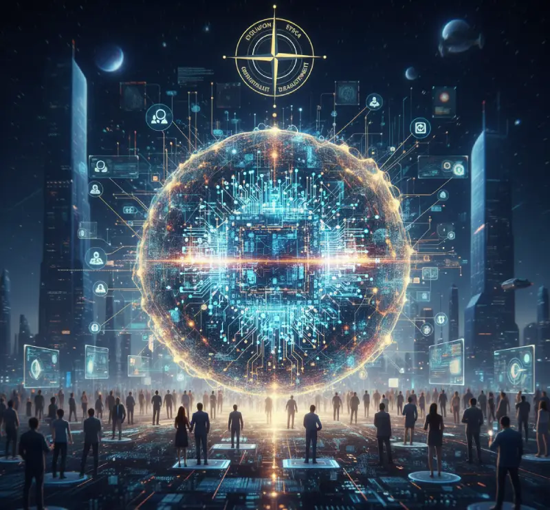 Un orbe de circuito cybertech flotando sobre una ciudad futurista y gente.