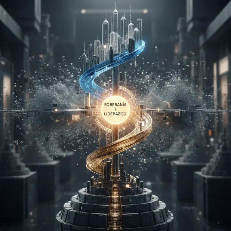 Estructura abstracta con luz central y redes de datos digitales.