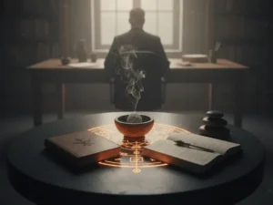 Escritorio sombrío con libro antiguo y elementos simbólicos, representando el vínculo entre rituales y psicología moderna.