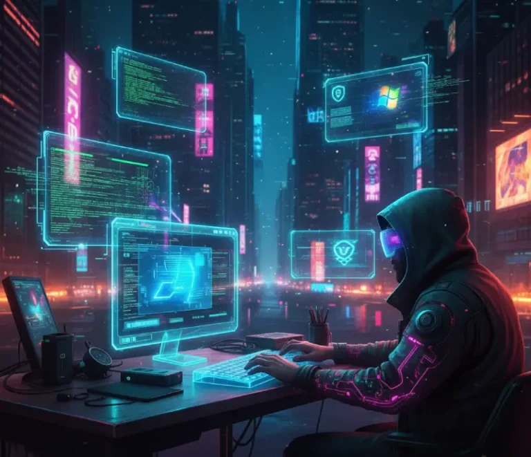 Hacker en entorno cyberpunk usando Remmina para acceso remoto en Linux.