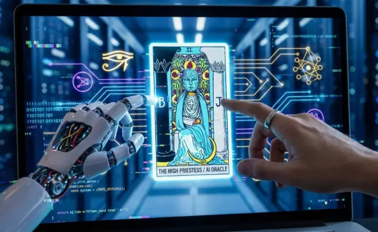 Carta de tarot digital con efecto glitch y estética cyberpunk neón.