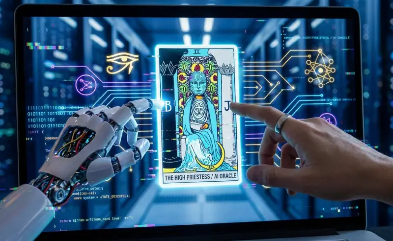 Carta de tarot digital con efecto glitch y estética cyberpunk neón.