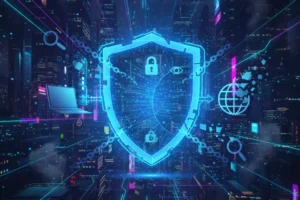 Escudo digital brillante protegiendo una red de datos, simbolizando la privacidad y el cifrado VPN en un entorno futurista.