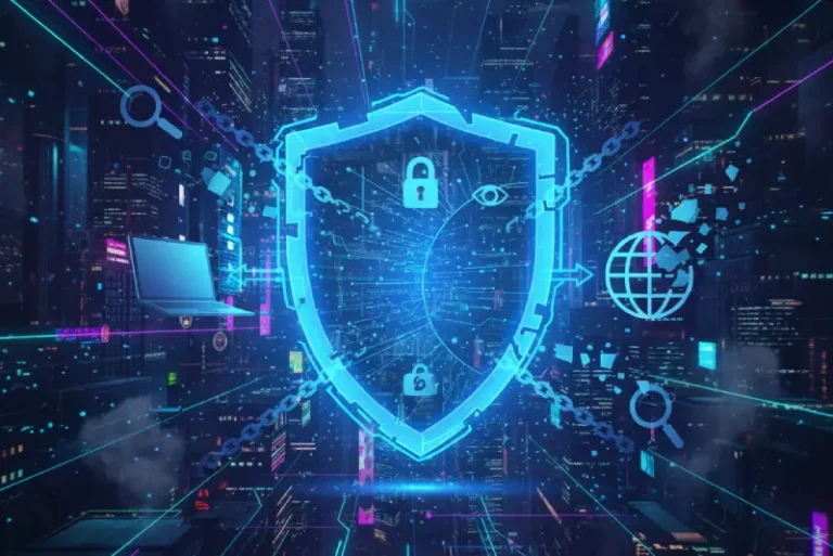 Escudo digital brillante protegiendo una red de datos, simbolizando la privacidad y el cifrado VPN en un entorno futurista.