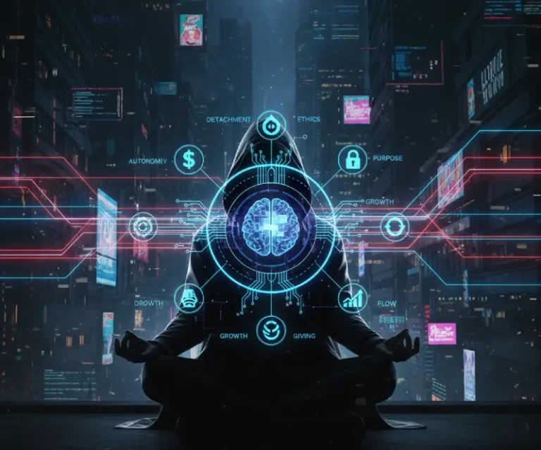Figura encapuchada meditando en un entorno cyberpunk con interfaz digital.
