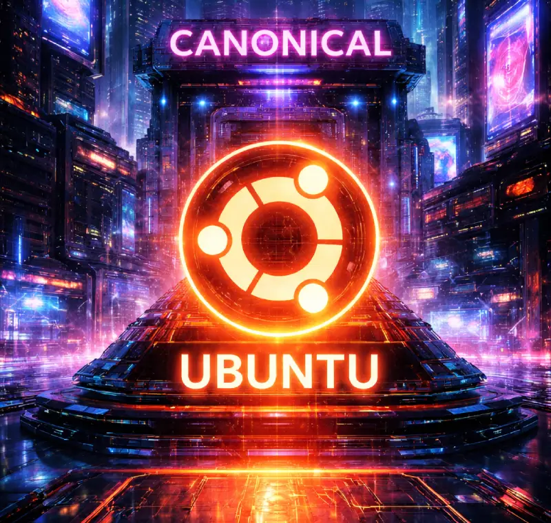 Imagen futurista con logos de Ubuntu y Canonical. Estilo Cyberpunk