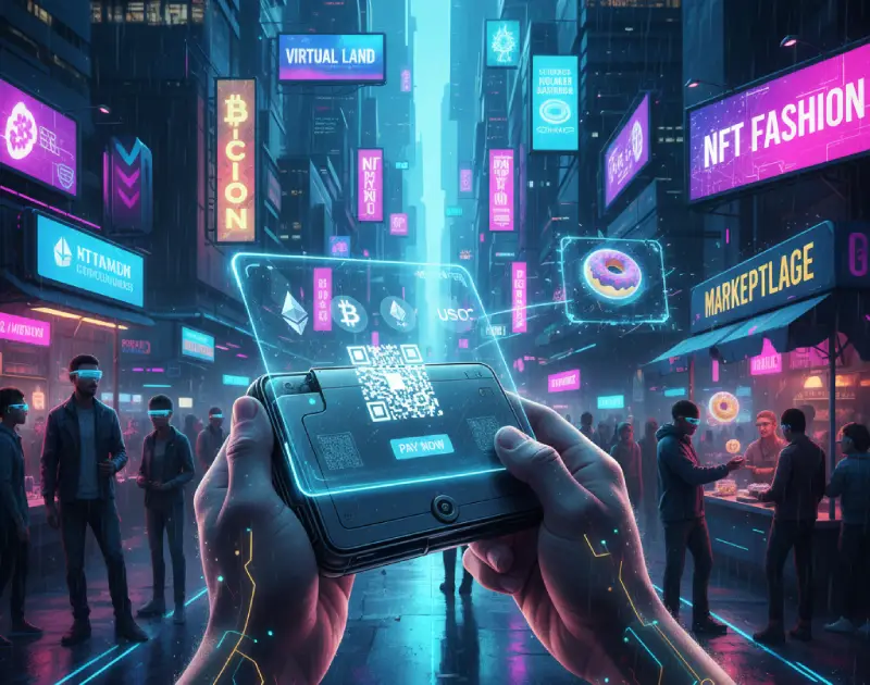 Manos sujetan wallet digital en ciudad cyberpunk, pagos cripto y NFT en el metaverso.