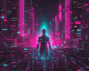 Error digital cyberpunk, pantalla fallida con colores neón.
