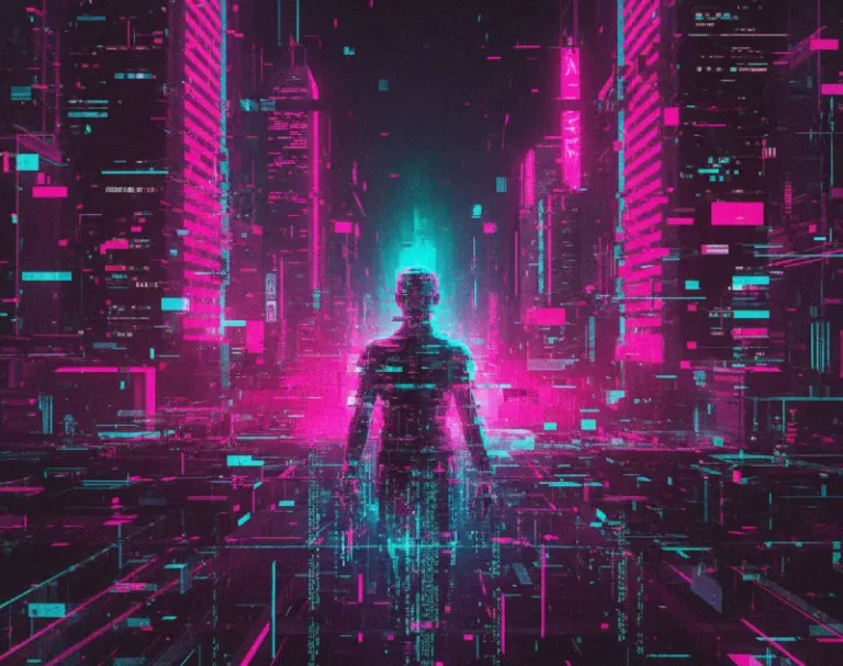Error digital cyberpunk, pantalla fallida con colores neón.