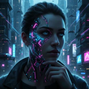Rostro femenino cyberpunk con implantes neurales brillantes, ciudad futurista neón.