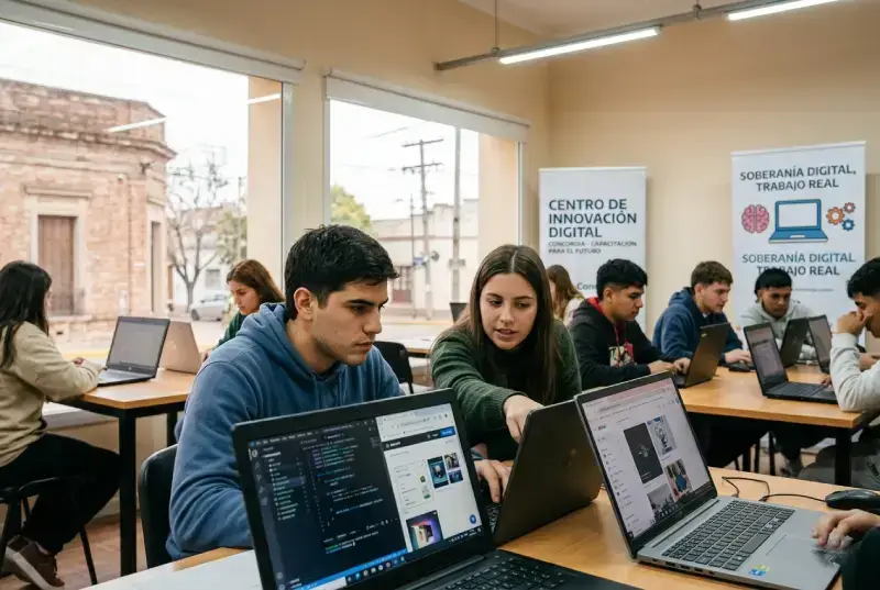 Jóvenes en Concordia capacitándose con laptops en un aula, con carteles sobre soberanía digital e innovación al fondo.