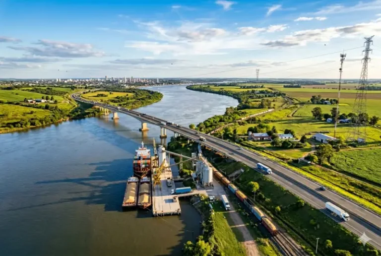 Vista ilustrativa de puente, río, puerto e infraestructura vial de Entre Ríos.