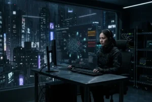 Persona monitoreando sistemas de seguridad informática en un entorno oscuro de estilo cyberpunk realista, iluminado por pantallas digitales, con grandes ventanas que muestran edificios urbanos futuristas al fondo.
