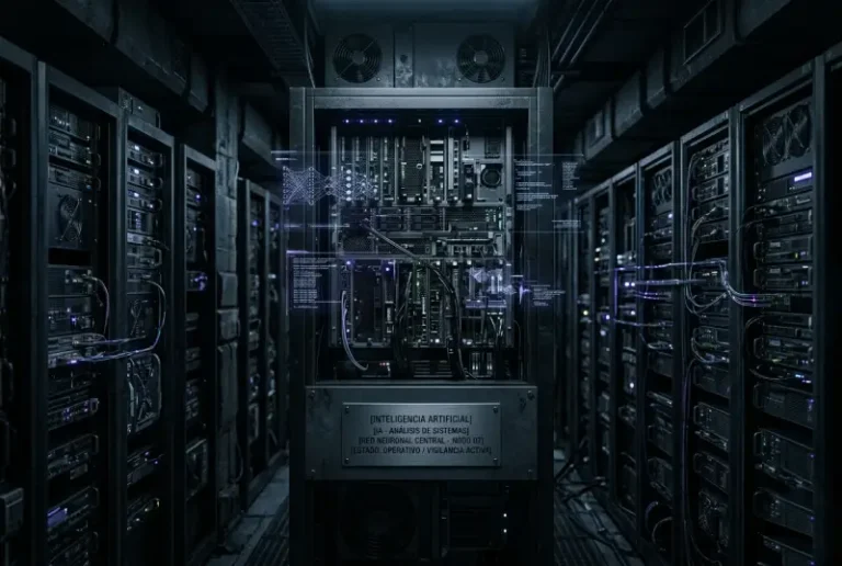 Imagen cyberpunk realista sobre inteligencia artificial, con servidores, datos y hologramas en azul y violeta.