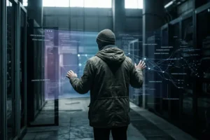 Usuario operando super computadora en sala de servidores que corren bajo sistemas operativos libres y gratuitos