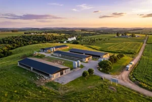 Vista aérea de una moderna granja avícola en Entre Ríos al atardecer.
