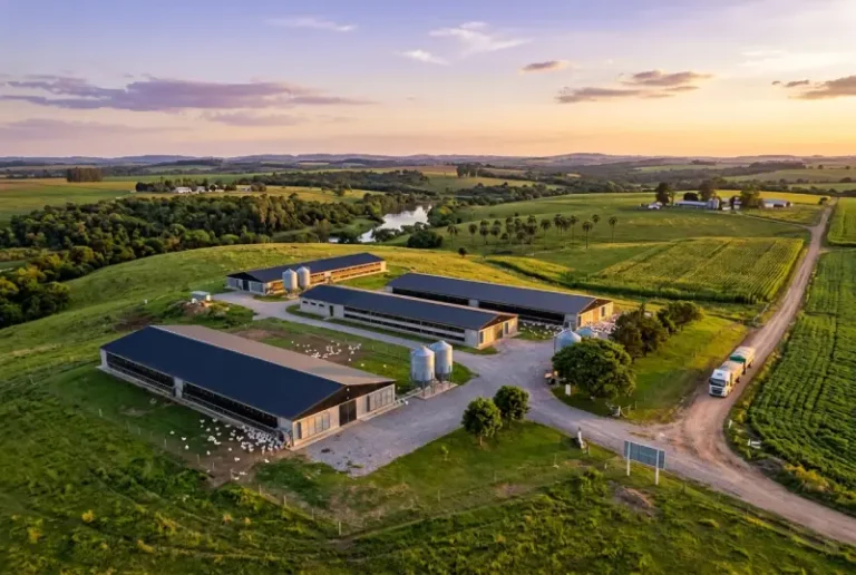 Vista aérea de una moderna granja avícola en Entre Ríos al atardecer.
