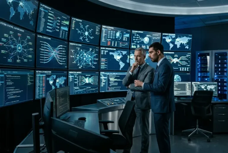 Analistas observan pantallas con sistemas de inteligencia artificial y flujos de datos en centro tecnológico moderno.