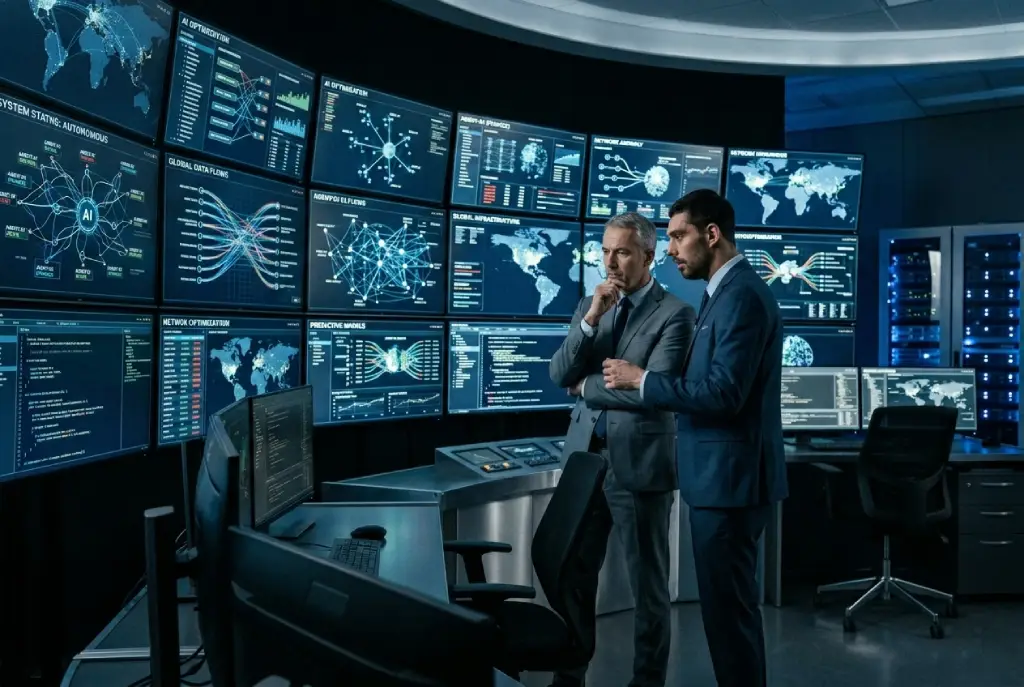 Analistas observan pantallas con sistemas de inteligencia artificial y flujos de datos en centro tecnológico moderno.