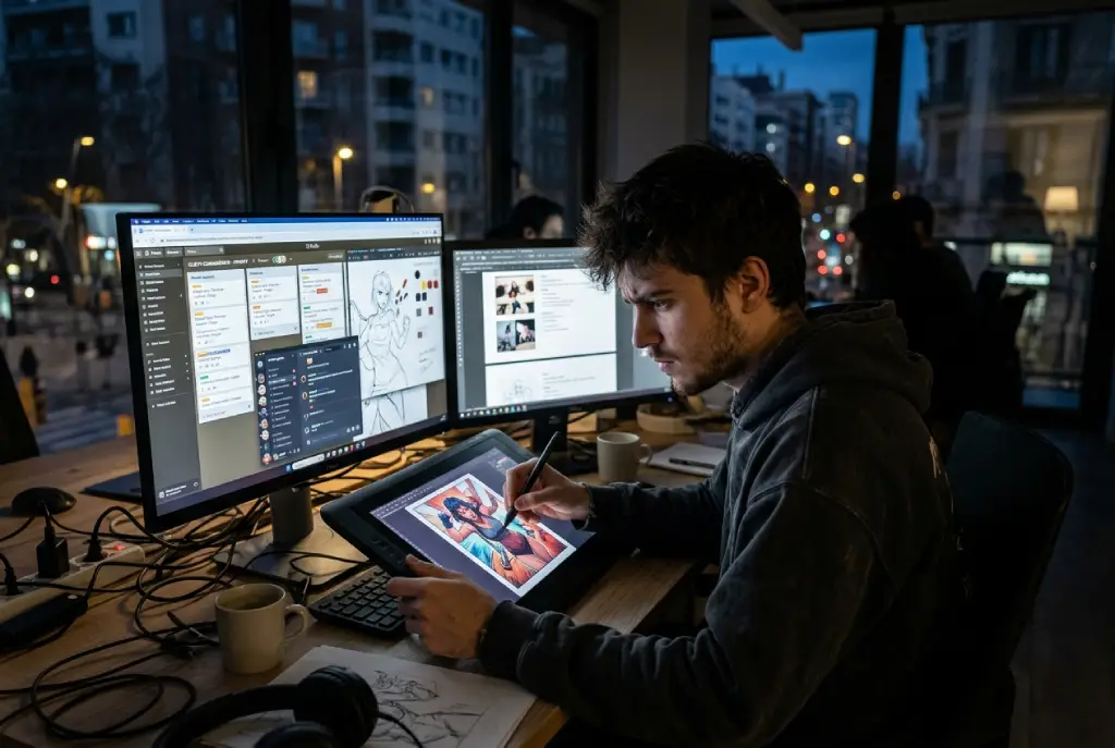 Joven artista digital trabaja de noche en economía creativa con encargos de arte personalizados en pantallas digitales